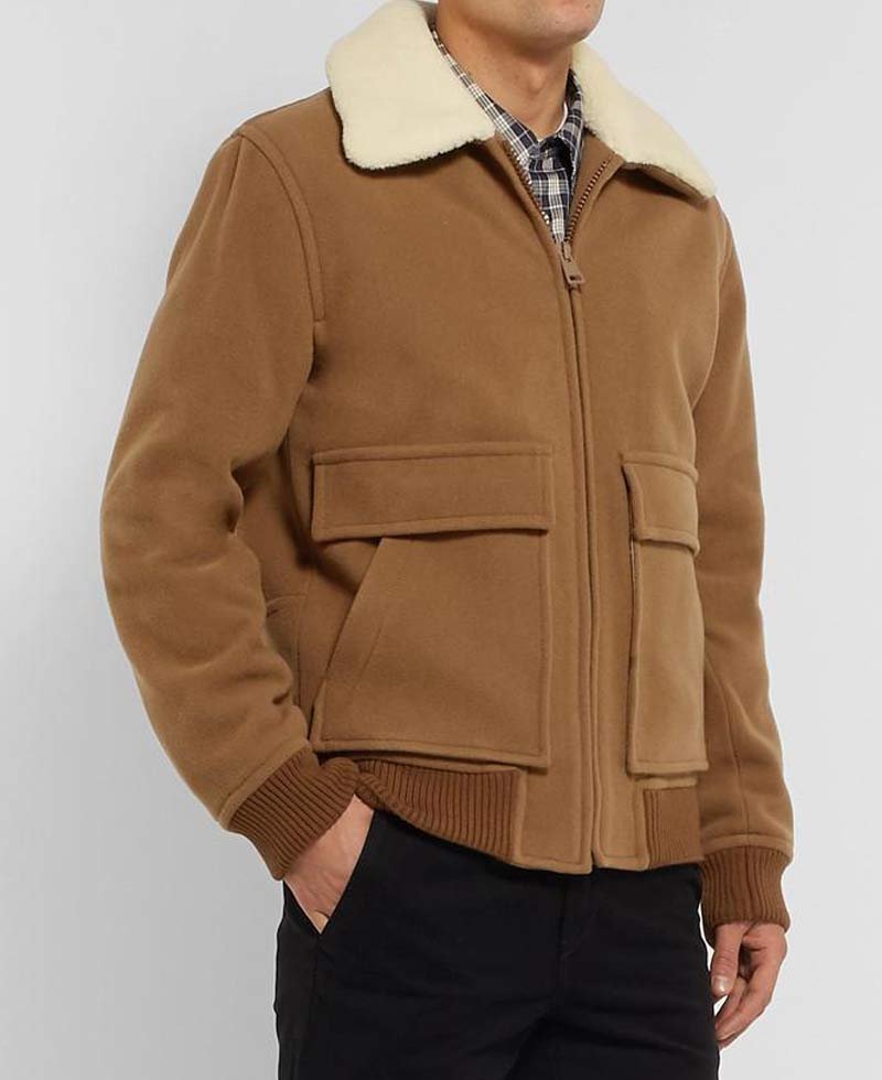 Men's Wool Brown Bomber Jacket with Fur Collar